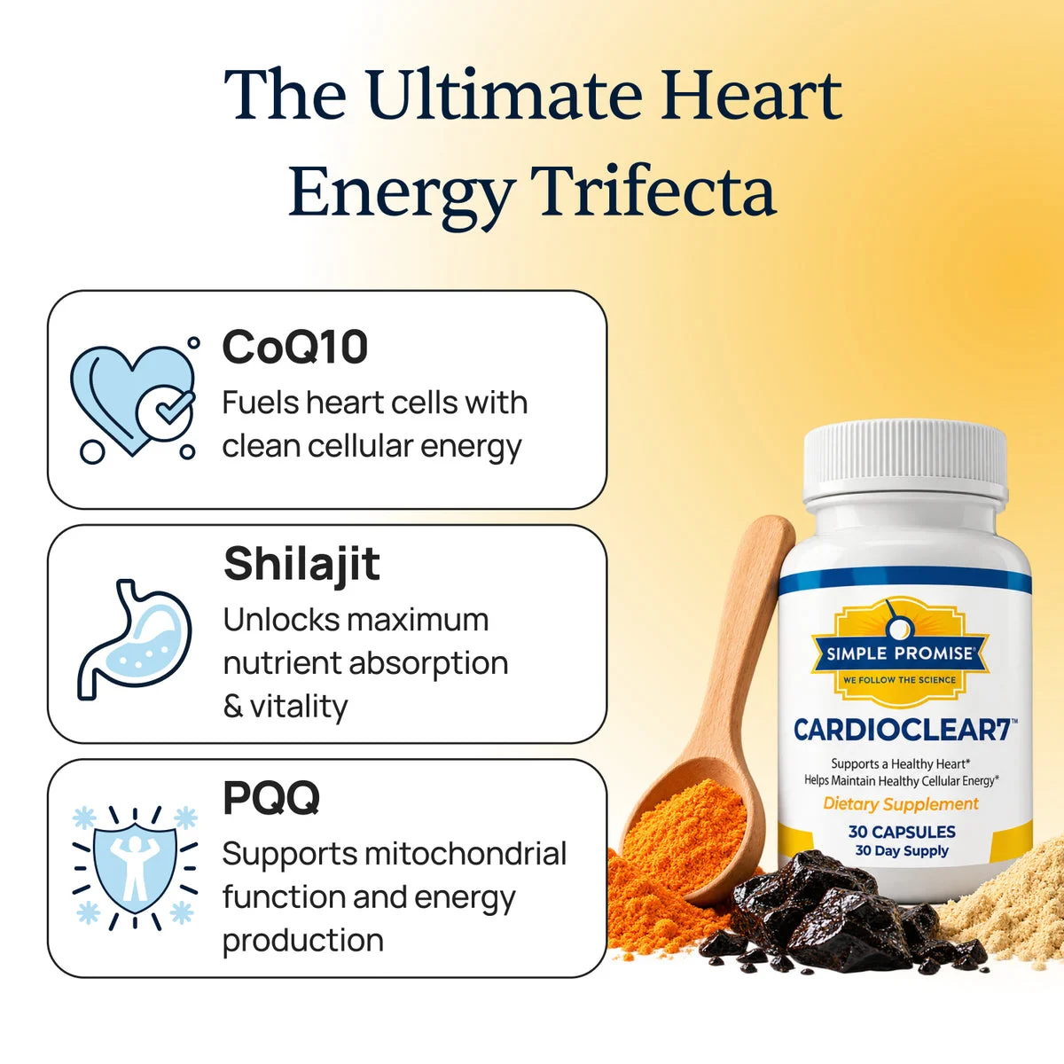CardioClear7 three ingredients: CoQ10, Shilajit and PQQ